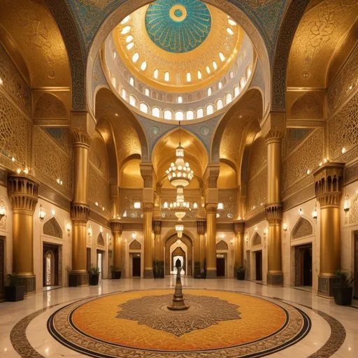 Prompt: Grand caliph's palace, opulent golden architecture, bustling marketplace, vibrant textiles, intricate mosaics, high quality, regal, historical, warm tones, ornate detailing, Islamic art, vibrant colors, dynamic lighting, bustling city center, prosperous society