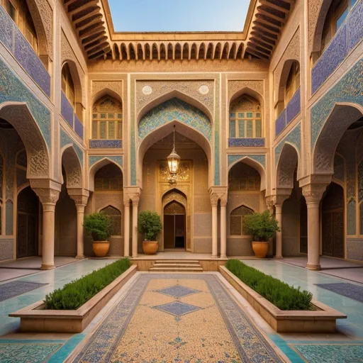 Prompt: The courtyard of the royal palace, Iranian Islamic architecture, intricate tile work, lush garden, warm and vibrant color palette, high quality, detailed, traditional Iranian art, ornate arches, peaceful ambiance, detailed carvings, historical, grand design, beautiful courtyard, scenic view, cultural richness, vibrant atmosphere, golden hour lighting
