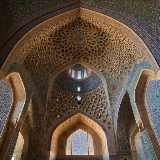 Prompt: Seljuk architecture of Iranian city, detailed geometric patterns, intricate tilework, historical landmarks, grand mosques, highres, detailed, historical, ornate, Seljuk period, intricate designs, architectural beauty, ornamental detailing, Persian architecture, ancient structures, historical grandeur, majestic domes, intricate carvings, vibrant colors, warm lighting