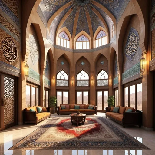 Prompt: Iranian-Islamic house perspective, large living room, detailed architecture, realistic lighting, photorealism, detailed material, beautiful colors, Islamic symbols, high quality, combination with modern architecture