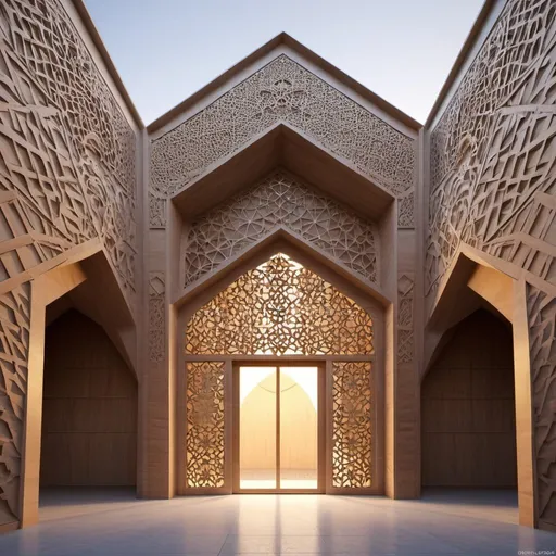 Prompt: Workshop shed facade in Science and Technology Park, Iranian Islamic architecture approach, detailed geometric patterns, traditional materials, high quality, detailed rendering, Iranian architecture, workshop shed design, Science and Technology Park, geometric patterns, traditional materials, Islamic architecture, detailed rendering, professional, atmospheric lighting