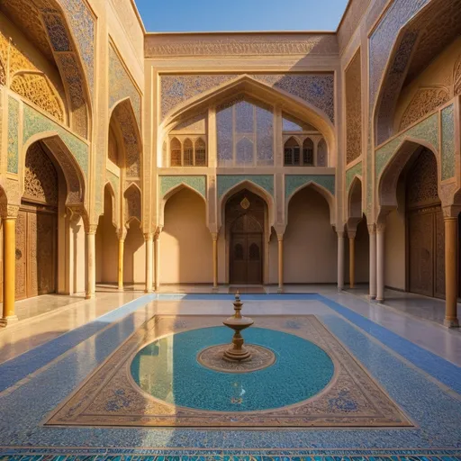 Prompt: The courtyard of the royal palace, Iranian Islamic architecture, intricate tile work, lush garden, warm and vibrant color palette, high quality, detailed, traditional Iranian art, ornate arches, peaceful ambiance, detailed carvings, historical, grand design, beautiful courtyard, scenic view, cultural richness, vibrant atmosphere, golden hour lighting