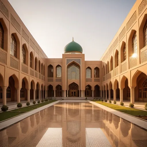 Prompt: Modern Iranian and Islamic architecture of Faculty of Management and Economics of Sharif University of Technology, warm earthy tones, intricate geometric patterns, spacious courtyard, detailed tile work, golden hour lighting, high quality, 3D rendering, modern Islamic architecture, warm tones, intricate details, spacious layout, detailed tiles, golden hour lighting