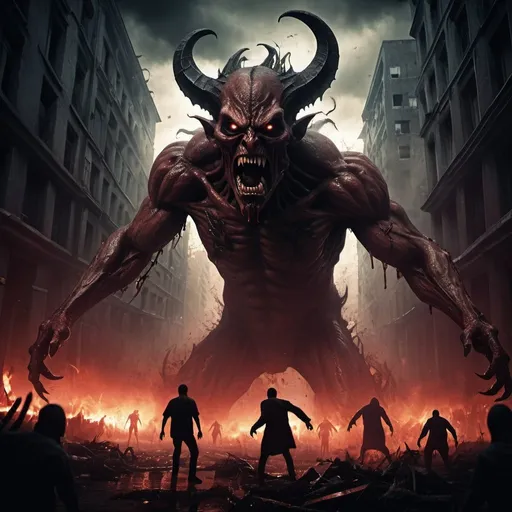 Prompt: Very scary demon attacking humans, apocalyptic setting, dark and ominous atmosphere, highres, ultra-detailed, horror, intense, demonic creature, terrified humans, destroyed cityscape, eerie lighting, hellish tones, bloodcurdling, disturbing details, infernal, chaos, chaotic composition, haunting, terrifying, demonic presence, terrified expressions, terrified atmosphere, dramatic shadows