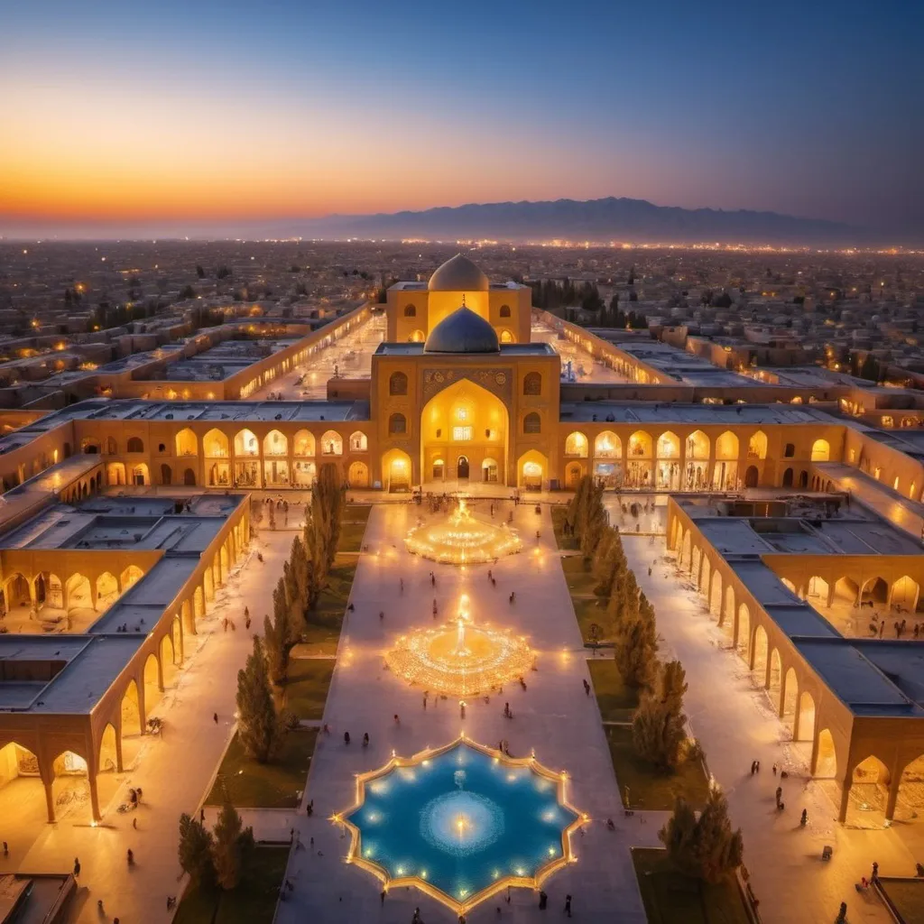Prompt: A view of the city of Isfahan, complex details, high precision, advanced, magnificent cityscape, buildings and houses decorated with Iranian-Islamic-modern architecture, beautiful and lively environment, lighting, high quality, details, magnificent, details , intricate details, crowded, magnificent, decorated, Islamic, modern, Persian