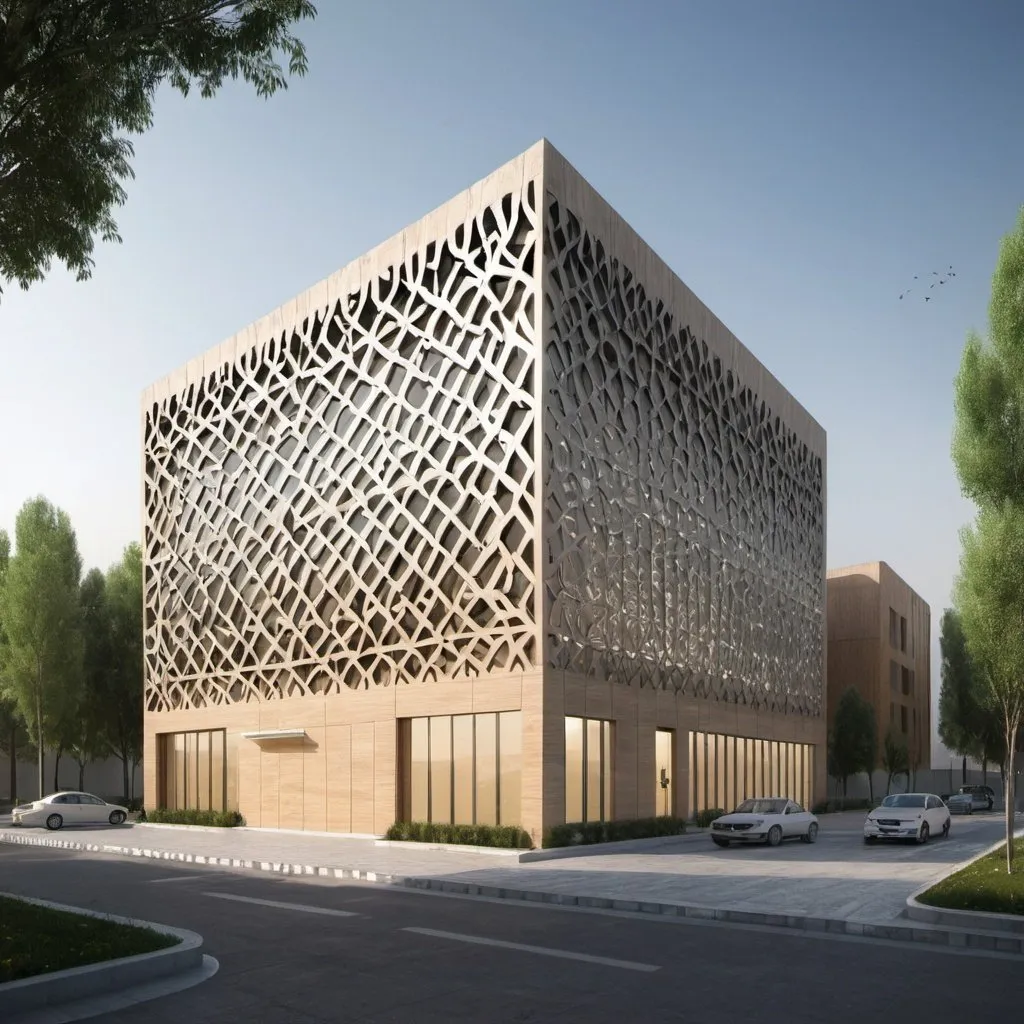 Prompt: The design of the facade of the workshop shed of Science and Technology Park and the Iranian Islamic architecture approach in Tehran