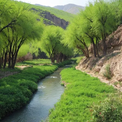 Prompt: Shimbar plain is one of the tourist attractions of Khuzestan province, which presents the forest, waterfall, spring and mountain to the tourists. This tourist area is located in the mountains and a river flows through it, which is very attractive for nature lovers and mountaineers. Shimbar or Shirin Bahar is a perfect name to describe the beauty of this plain. The nature in the Shimbar plain is enchanting in the true sense. The vegetation of Shimbar is very diverse, from mulberry trees, raspberries, oaks, grapes and kalkhong to maples and mountain almonds. The Shimbar wetland, which is protected by the Environmental Organization in the Shimbar protected area, is home to birds such as changar, pelican, seagull, and chelchele, which live in this 2,000-hectare wetland.