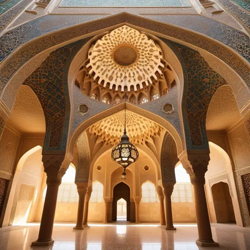Prompt: Palace design of an Islamic government, Iranian Islamic architecture, detailed geometric patterns, intricate tile work, high quality, traditional art, Islamic calligraphy, warm earthy tones, ornate arches, grand domes, historical, intricately carved wooden details, majestic courtyard, golden sunlight filtering through, rich cultural heritage, regal and grandiose, authentic representation