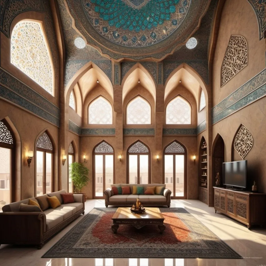 Prompt: Iranian-Islamic house perspective, large living room, detailed architecture, realistic lighting, photorealism, detailed material, beautiful colors, Islamic symbols, high quality, combination with modern architecture