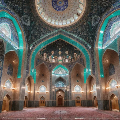 Prompt: A beautiful mosque with Iranian Islamic architecture in the city of Mashhad