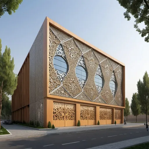 Prompt: The design of the facade of the workshop shed of Science and Technology Park and the Iranian Islamic architecture approach in Tehran