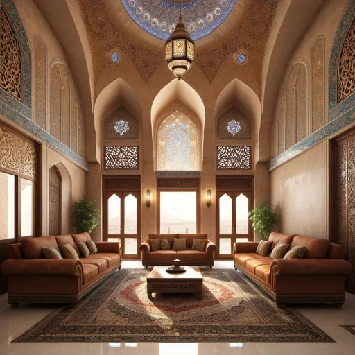 Prompt: Iranian-Islamic house perspective, large living room, detailed architecture, realistic lighting, photorealism, detailed material, beautiful colors, Islamic symbols, high quality, combination with modern architecture