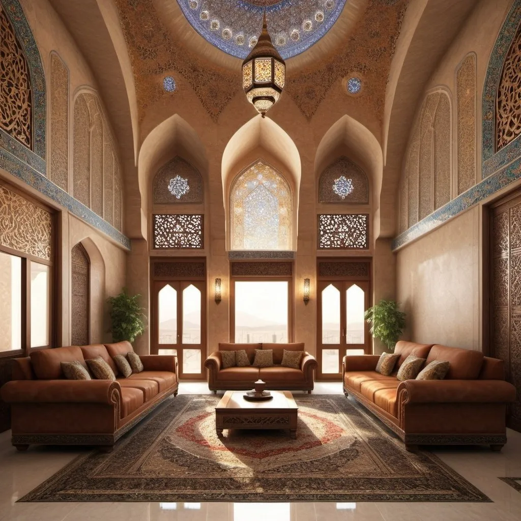 Prompt: Iranian-Islamic house perspective, large living room, detailed architecture, realistic lighting, photorealism, detailed material, beautiful colors, Islamic symbols, high quality, combination with modern architecture