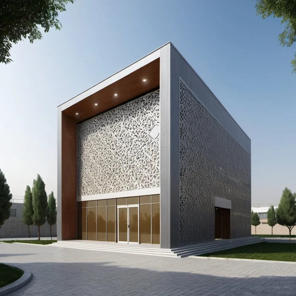 Prompt: The design of the facade of a workshop shed in Science and Technology Park and the approach of Iranian Islamic architecture in Hamadan city