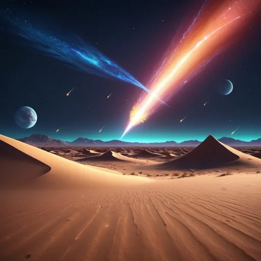 Prompt: Lut desert night sky with comets and meteors, ultra-realistic 3D rendering, vibrant and intense colors, cosmic atmosphere, shooting stars streaking across the sky, high resolution, detailed terrain, surreal, night desert landscape, astronomical spectacle, vibrant cosmic colors, intense meteor showers, realistic night sky, digital art, cosmic fantasy, detailed sand dunes, professional rendering, otherworldly beauty