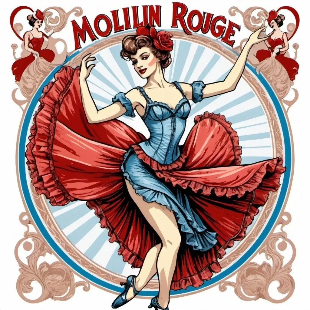 Prompt: Illustrated T-shirt design of flat vintage can can dancer with Moulin Rouge in the background, all elements slightly distant in the image, image in a Art Nouveau vintage style, with a white background, elements in red, add a touch of blue and sepia effect