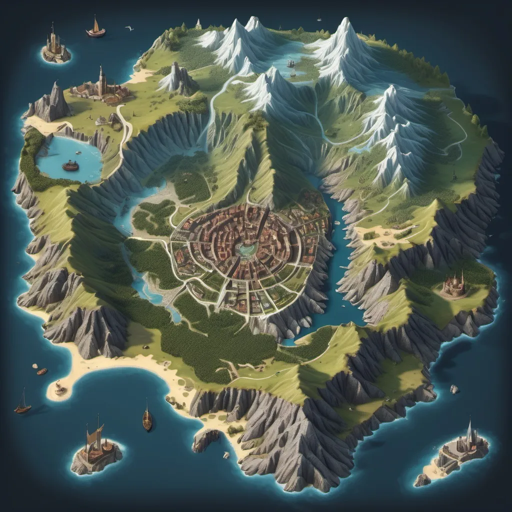 Prompt: (top-down map of a fantasy world), 2D, (highly detailed), 8K resolution, five small separate cities depicted: one (central) small city surrounded by mountains, one small perched on a (large hill), one small located at the (coast), one small with a large harbour, and one small nestled inside a (cave), make the citys small and separate int the large world