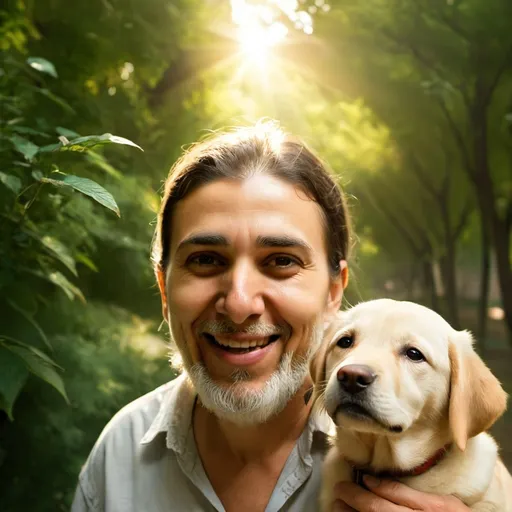 Prompt: (serene scene of an old man with a long beard) walking a (playful labrador puppy) before the heat, (soft golden morning light) creating a warm atmosphere, (lush greenery) surrounding them, capturing a moment of companionship, (gentle breeze) rustling the leaves, (dynamic expressions) of joy from both characters, (highly detailed) photography, (ultra-detailed) quality, vivid imagery.