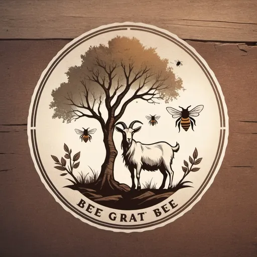 Prompt: a logo in rustic style containing a goat, a bee and a tree