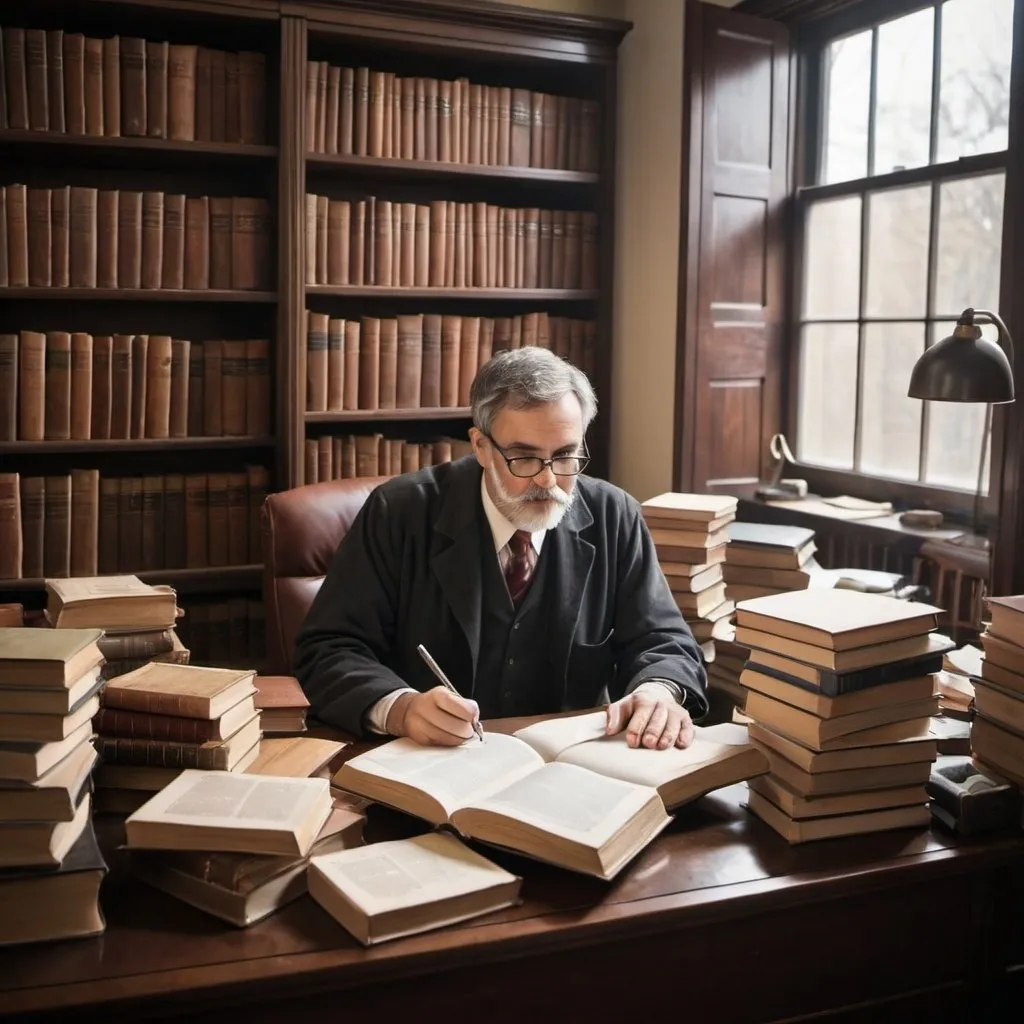 Prompt: A professor working hard is in his office, filled with books