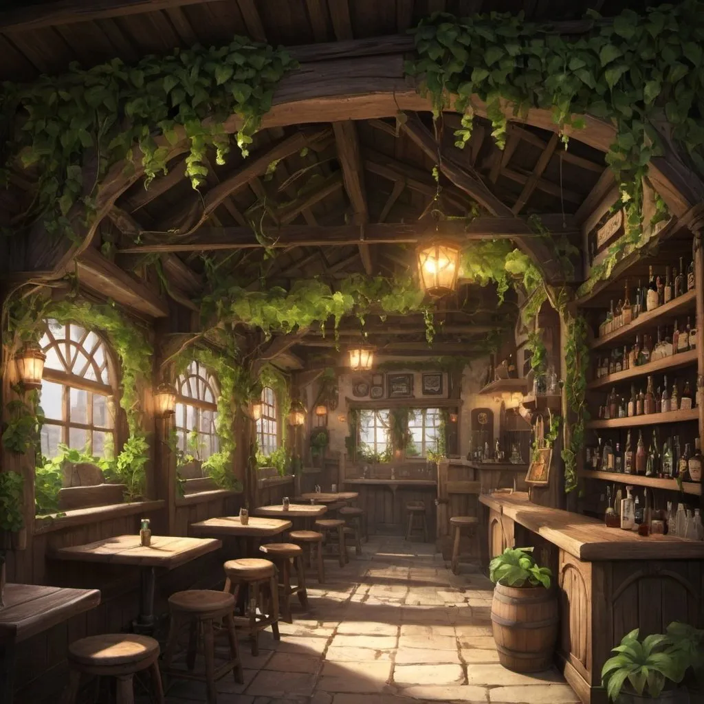 Prompt: A tavern with vines and plants hanging everywhere