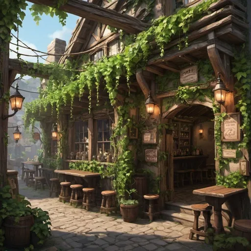 Prompt: A tavern with vines and plants hanging everywhere