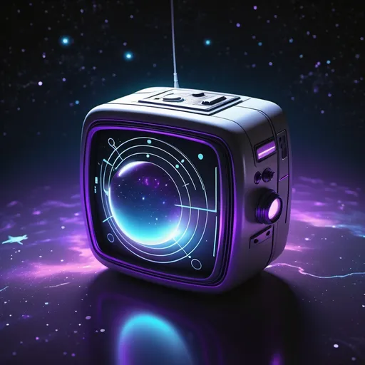 Prompt: retro-futuristic communication device floating in space, minimalist design with glowing elements, inspired by 1960s sci-fi aesthetics. clean lines, metallic surfaces, with subtle purple and blue energy patterns. the device should appear to be transmitting waves across the cosmos. high contrast, dramatic lighting, deep space background with distant stars.