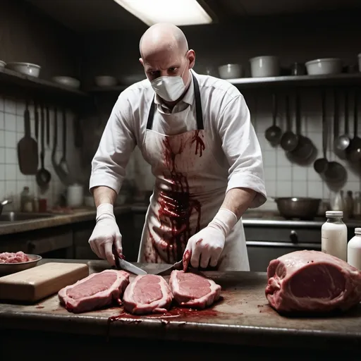 Prompt: Photo of man, bald, with white facemask and white rubber apron, cutting up some unidentified meat with his back to the camera. Give it a horror vibe
