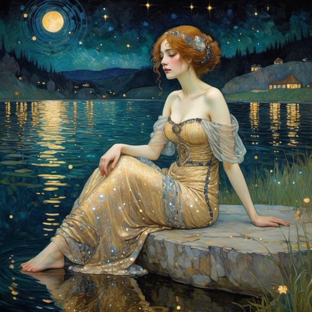 Prompt: painting of a woman sitting by  sparkling lake beautiful luminous ultra detailed magical sparkling night stars gustav klimt and art nouveau style