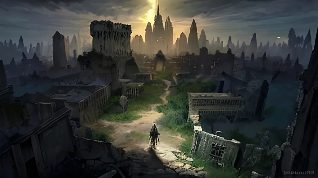 Prompt: game art, background ruin city, magnificent, knights, dark soul style