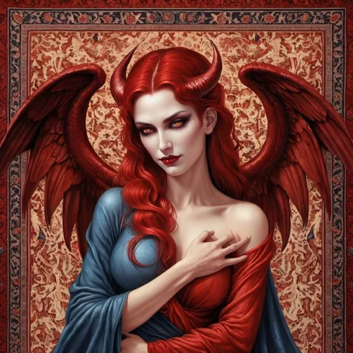 Prompt: Demon Lilith Goddess, Hugging with samael archangel on persian carpet background