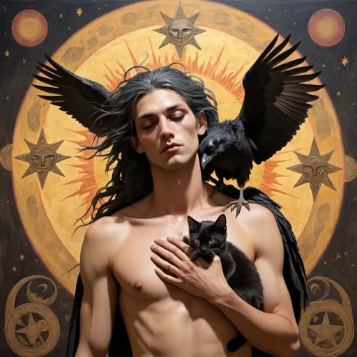 Prompt: Dark Hermaphrodite Goddess, With an eight pointed star (sun) behind and dead kitten on his shoulder, Kissing his raven.
