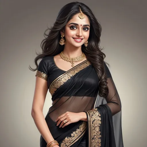 Prompt: Detailed illustration of a stunning woman in a glamorous black saree, captivating big eyes, long flowing hair, elegant smile, flattering body shape, high-res, realistic, detailed, glamorous, traditional attire, captivating eyes, long hair, confident smile, elegant pose, professional lighting, with stunning back shape,full body, right side direction,
