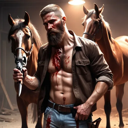 Prompt: Detealied illustration of a men with roughed look,and his neck with knife cuts, hands with light bloody tight, right hand with ak47 gun, realistic body language, face cover with fully beard,need gangsters background, beside him brown horse's, with stunning legs and Tali with jackey, covers with cenimatic lighting 