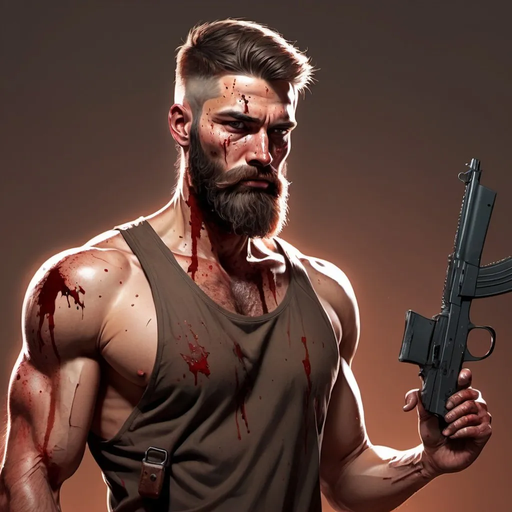 Prompt: Detealied illustration of a men with roughed look,and his neck with knife cuts, hands with light bloody tight, right hand with ak47 gun, realistic body language, face cover with fully beard,need gangsters background, beside him brown horse's, with stunning legs and Tali with jackey, covers with cenimatic lighting 