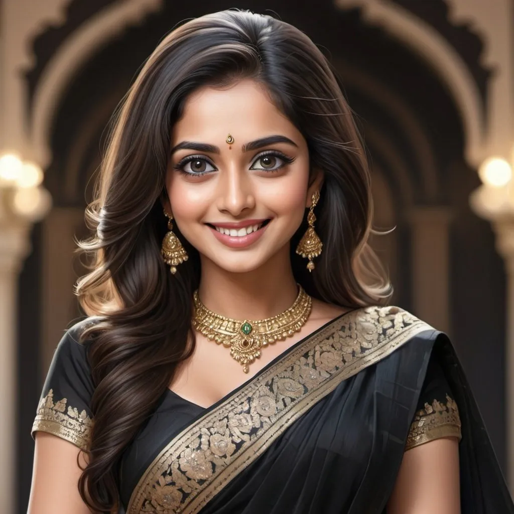 Prompt: Detailed illustration of a stunning woman in a glamorous black saree, captivating big eyes, long flowing hair, elegant smile, flattering body shape, high-res, realistic, detailed, glamorous, traditional attire, captivating eyes, long hair, confident smile, elegant pose, professional lighting