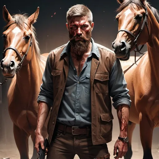 Prompt: Detealied illustration of a men with roughed look,and his neck with knife cuts, hands with light bloody tight, right hand with ak47 gun, realistic body language, face cover with fully beard,need gangsters background, beside him brown horse's, with stunning legs and Tali with jackey, covers with cenimatic lighting 