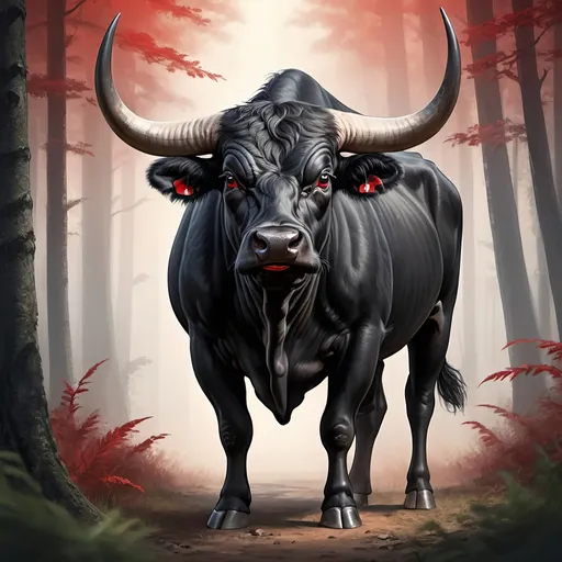 Prompt: Detealied illustration of a stunning black Bull, with red tounge,big eyes,nice following tail, strong tight legs,with realistic, cenimatic lighting, forest background 
