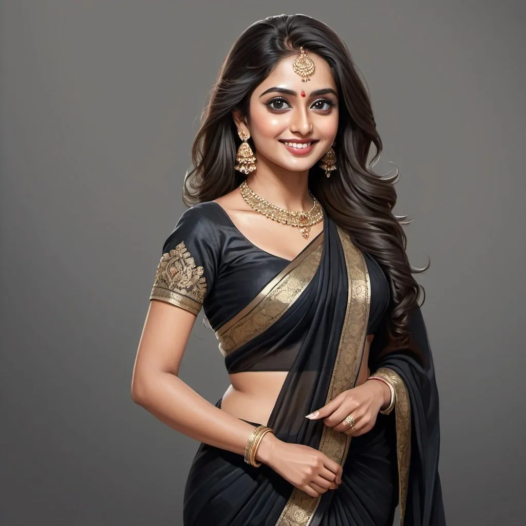 Prompt: Detailed illustration of a stunning woman in a glamorous black saree, captivating big eyes, long flowing hair, elegant smile, flattering body shape, high-res, realistic, detailed, glamorous, traditional attire, captivating eyes, long hair, confident smile, elegant pose, professional lighting, with stunning back shape,full body, right side direction,
