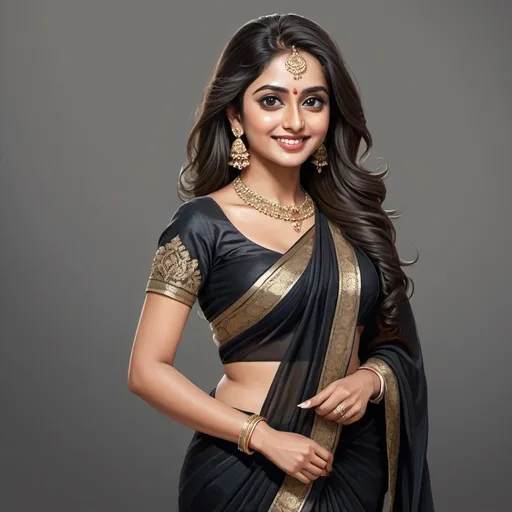 Prompt: Detailed illustration of a stunning woman in a glamorous black saree, captivating big eyes, long flowing hair, elegant smile, flattering body shape, high-res, realistic, detailed, glamorous, traditional attire, captivating eyes, long hair, confident smile, elegant pose, professional lighting, with stunning back shape,full body, right side direction,
