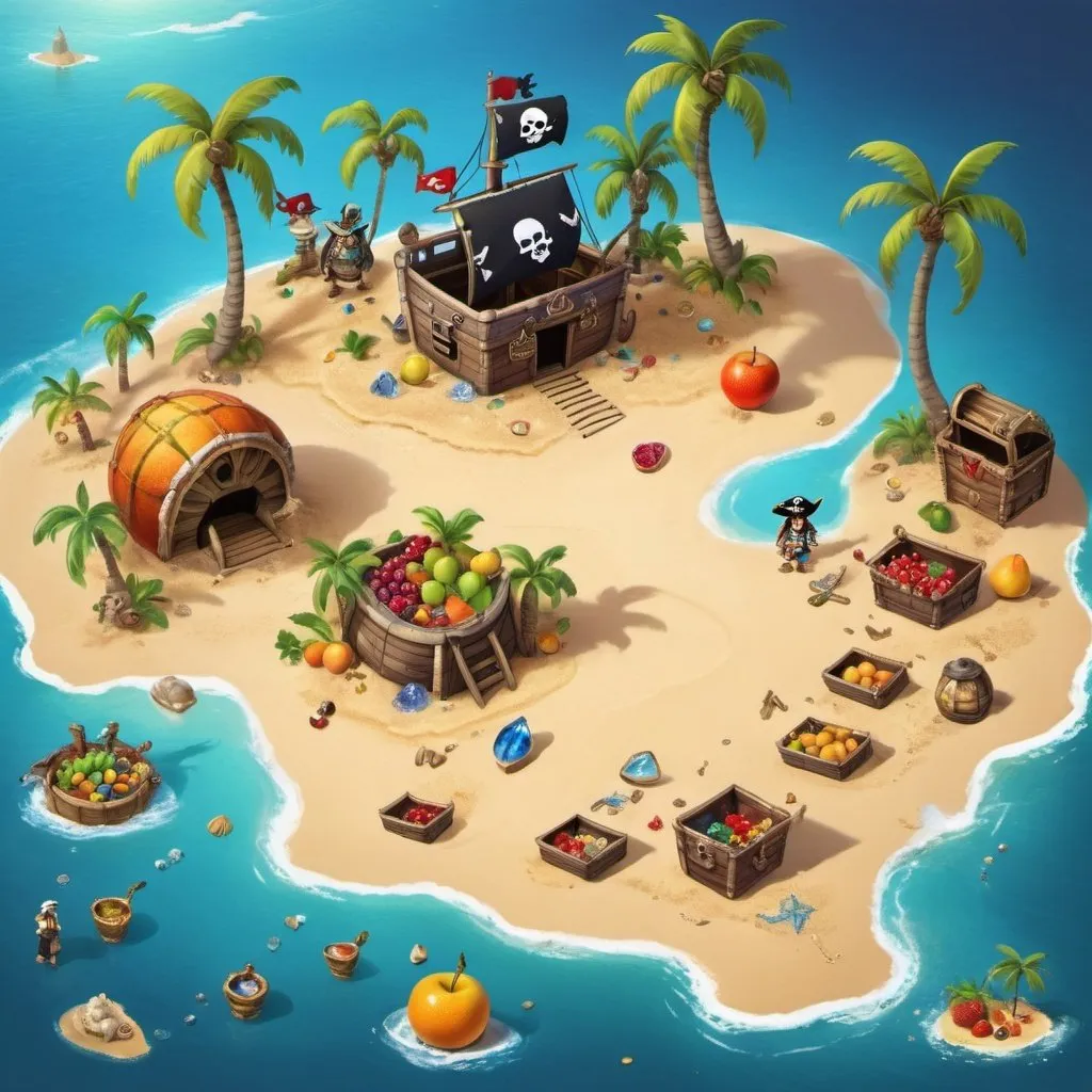Prompt: An island with jewels on top, pirates on the right, fruits on the left and a map drown in the sand on the bottom of the image.