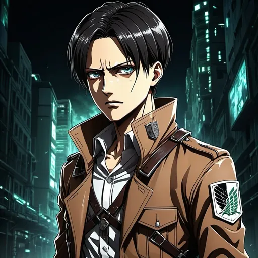 Prompt: Anime cyberpunk style, Levi attack on titan, highly detailed, HD, dark background