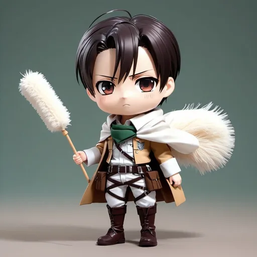 Prompt: kawaii 3D rendered, tiny cute chibi, full body, Levi from attack on titan, holding a duster, beautiful whimsical contrast colors