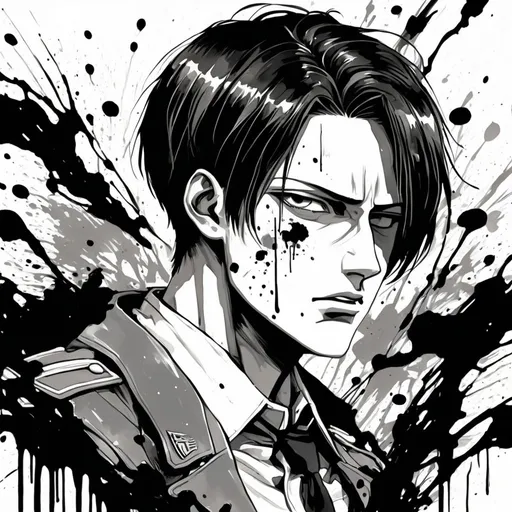 Prompt: digital watercolor painting, Levi from attack on titan, paint splatter, black and white, bold brush strokes, art nouveau