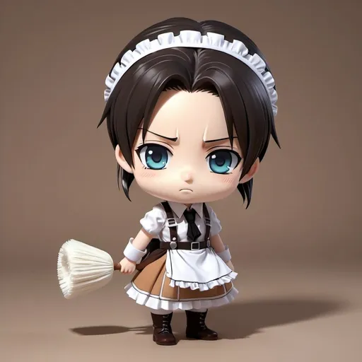 Prompt: kawaii 3D rendered, tiny cute chibi, full body, Levi from attack on titan, holding a duster, beautiful whimsical contrast colors, maid dress