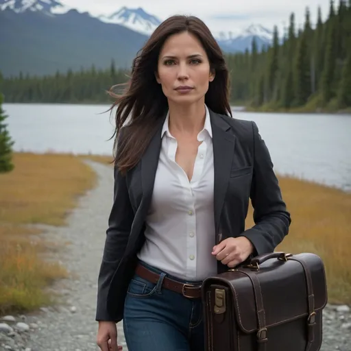 Prompt: female attorney jeans briefcase alaska cinematic