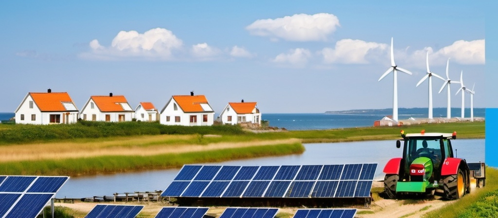 Prompt: a dutchs landscape at the sea with rowhouses with solar pannels on the roof, windmils and energy cables and a water managment network and a tractor on the land

