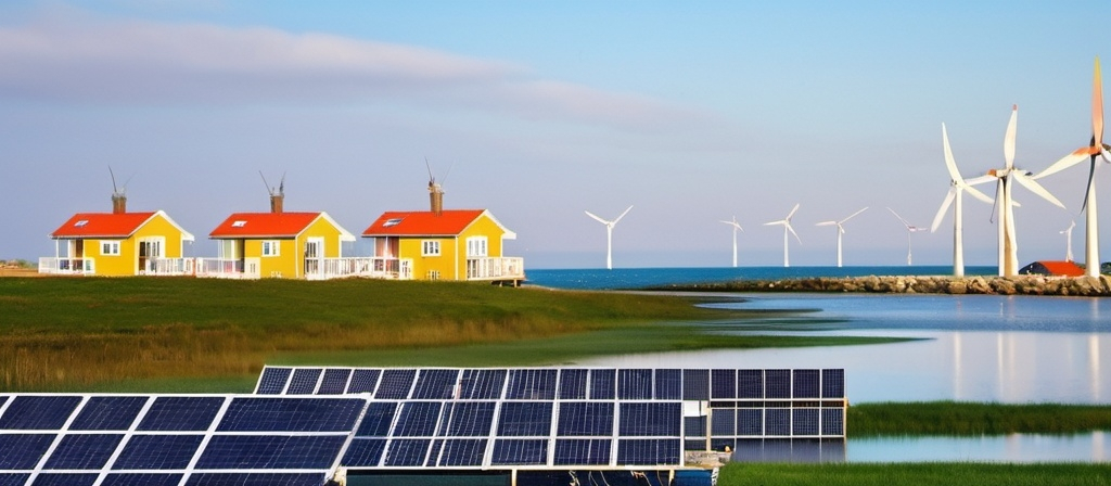 Prompt: a dutchs landscape at the sea with rowhouses with solar pannels on the roof, windmils and energy cables and a water managment network

