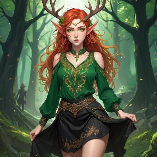 Prompt: (Anime-style art), full body illustration, a young woman with unruly messy red hair and striking green eyes, showcasing her (half-elf features), adorned with  antlers, dressed in a green blouse embellished with intricate gold embroidery and a black skirt, vivid colors, dynamic pose, lively expression, immersive fantasy background, (ultra-detailed) environment, captivating atmosphere.