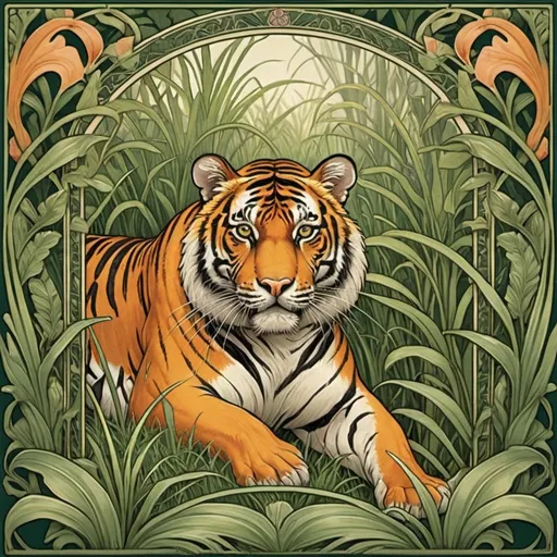 Prompt: Art nouveau, jungle print, tigers hidden in the grass, repeat pattern, with art nouveau frame edges